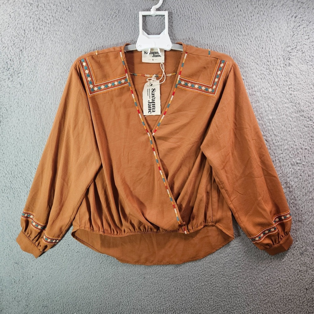 NEW Savanna Jane Wrap Top Women Small Embroidered Long Sleeve Red‎ Brown Tone